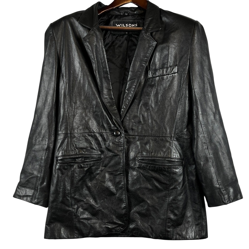 Wilsons Womens M Vintage Leather Blazer Jacket Black Button Lined Classic FLAW